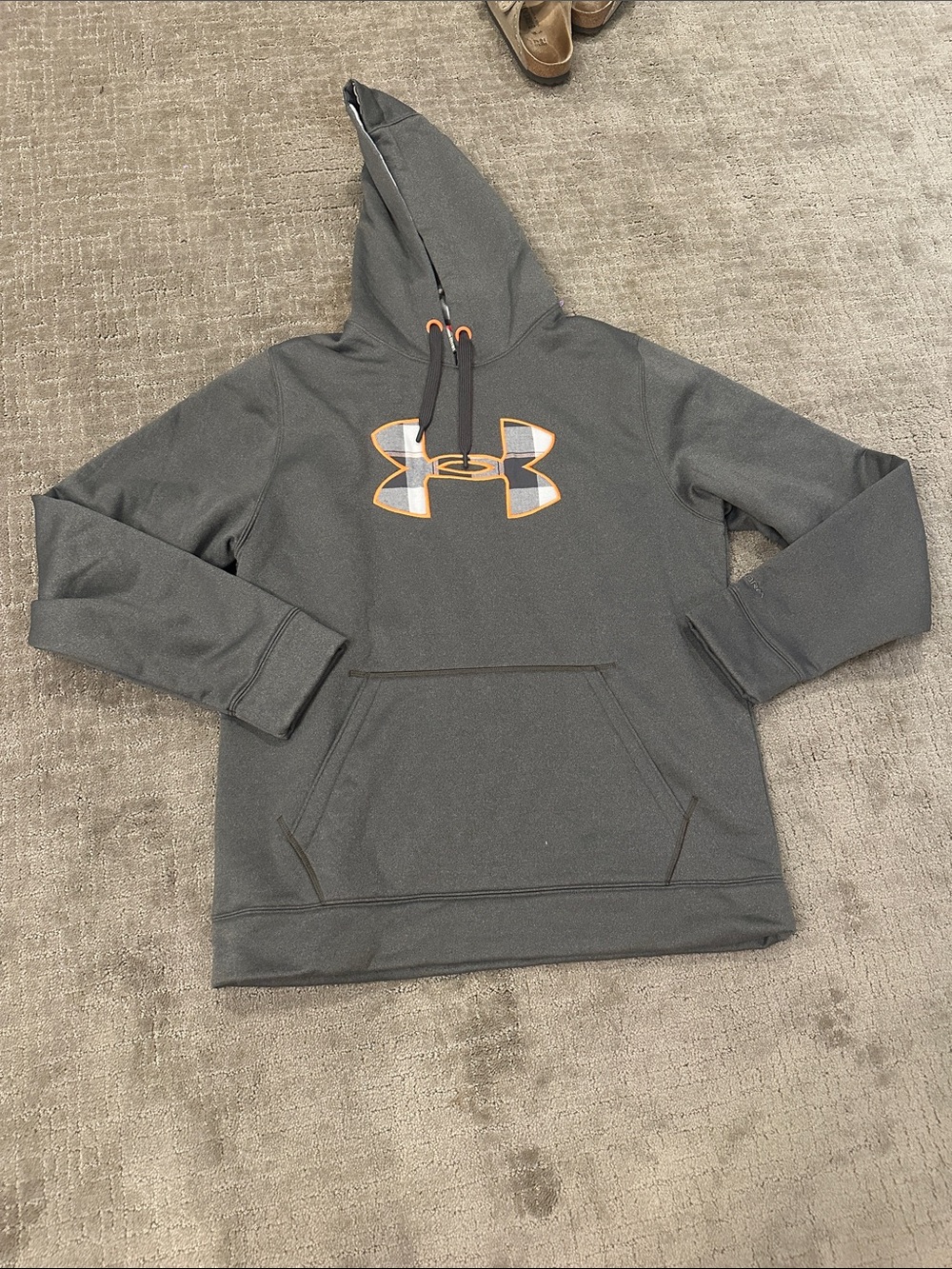 Under Armour Men’s Charcoal Gray Hoodie with Orange-Trim Logo